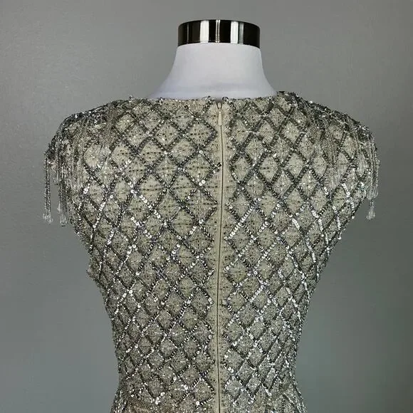 Mac Duggal Crystal Fringed Sequined Column Gown Silver and Gold Size 6 Dress - Picture 10 of 12